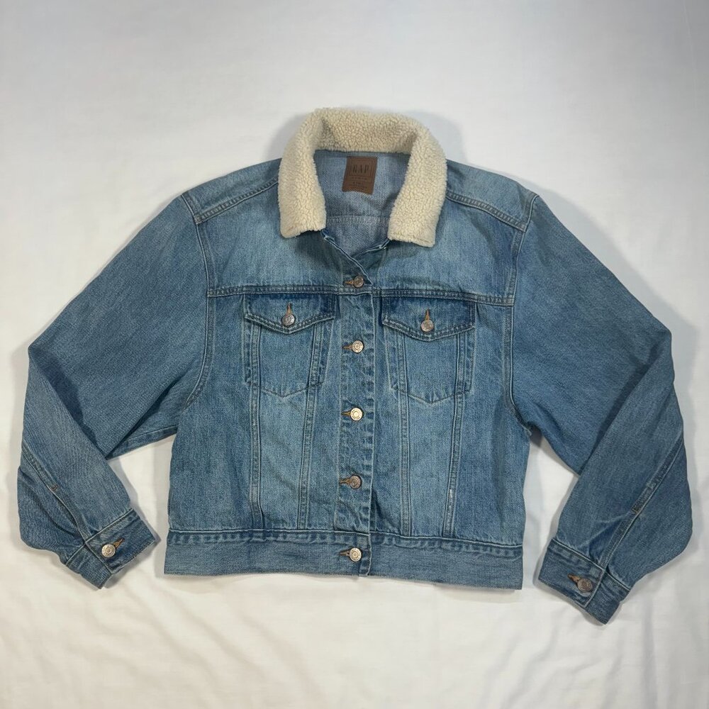 Gap Jean Jacket Womens S Tall Cotton Blue Denim Sherpa Collar Long Sleeve